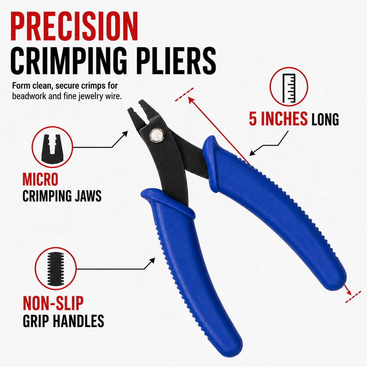 5-Inch Micro Crimping Pliers for Jewelry Making, Precision Beading Tool with Non-Slip Comfort-Grip Handles – S89-85700
