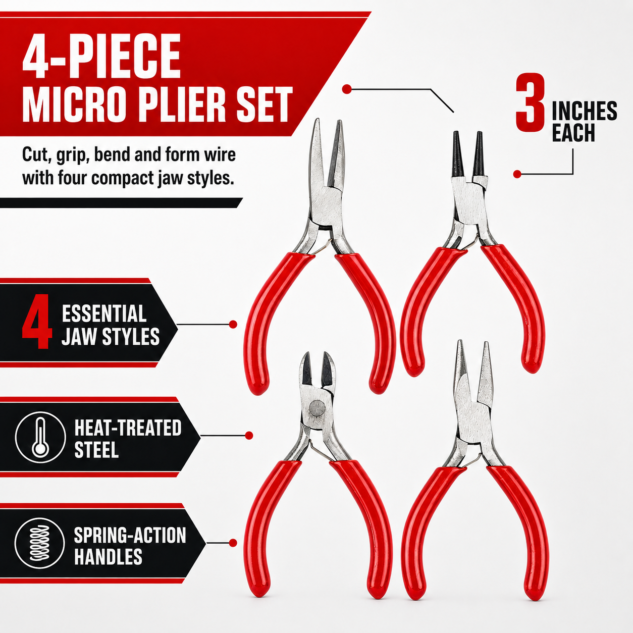 4-Piece 3-Inch Micro Pliers Set, Drop-Forged Carbon Steel Mini Long-Nose, Round-Nose, Flat-Nose and Diagonal Cutting Pliers for Jewelry and Crafts – S89-89904