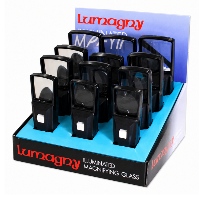 LUMAGNY 12 Piece Rectangular Illuminated Magnifier Display, 2X Lighted Magnifying Glass Assortment, Countertop Display with 4 Lens Sizes for Reading, Small Print, Collectibles, Hobbies, Jewelry & Inspection