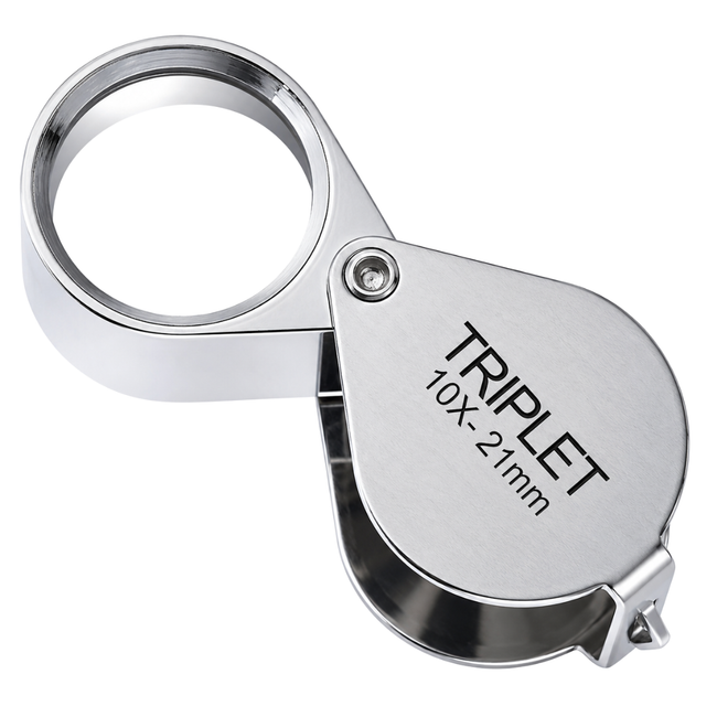 21mm Triplet Jeweler’s Loupe Magnifier – 10X Folding Pocket Magnifying Glass with Stainless Steel Body & Leather Storage Pouch for Jewelry, Coins, Stamps, Watches and Gem Inspection
