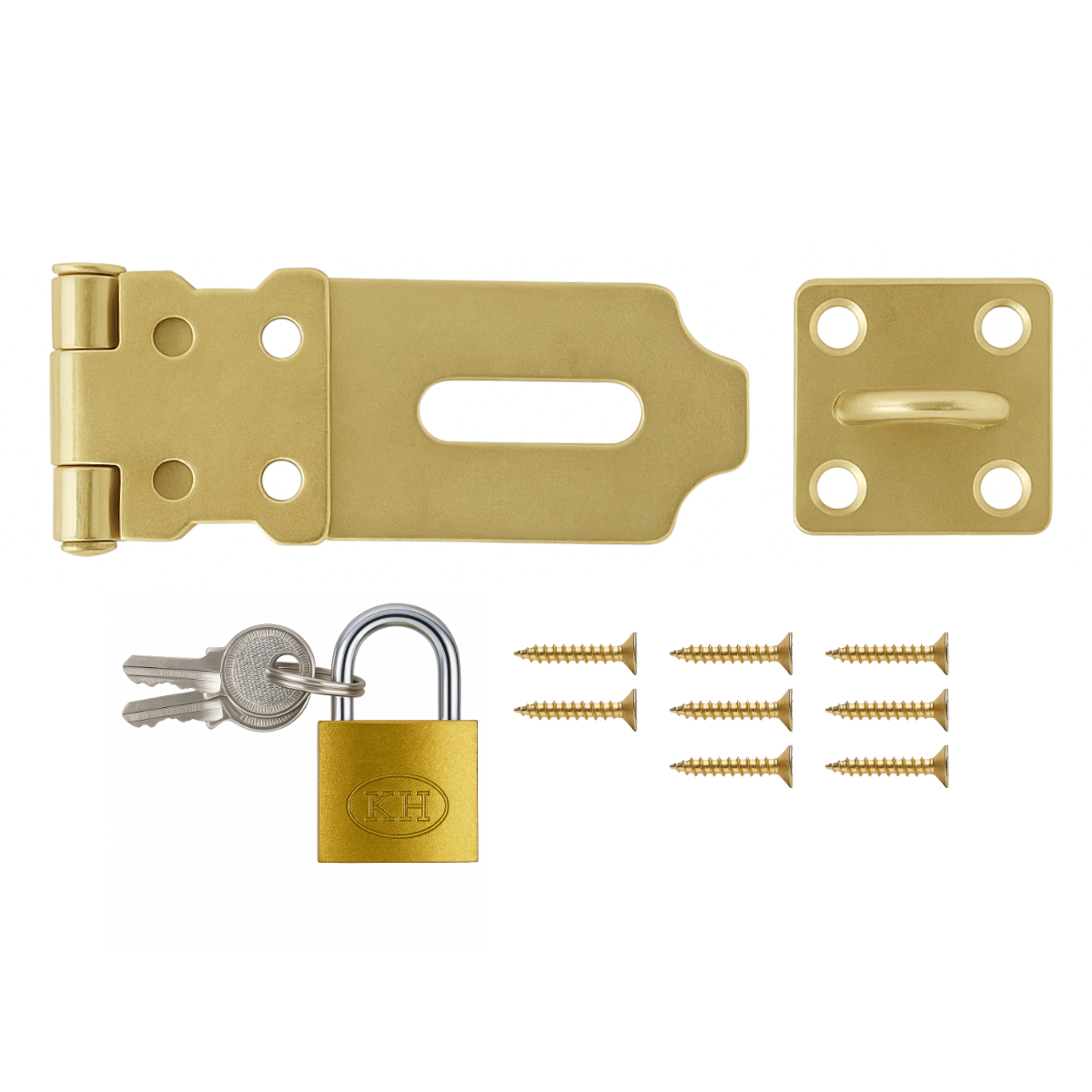 Brass Plated Hasp and Padlock Set with Screws – 2.5” Locking Hinge for Cabinets, Boxes, Small Doors – Includes 1 Padlock with 2 Keys and Mounting Screws