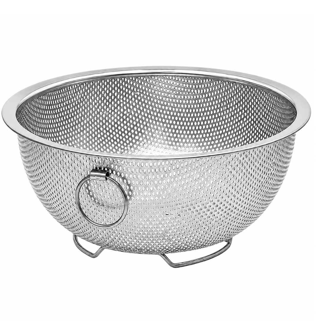 8 Inch Perforated Metal Colander & Strainer, 4 Inch Base with Raised Stand and Ring Handle, Lightweight Kitchen Strainer for Pasta, Fruits, Vegetables & Steaming – U-73318