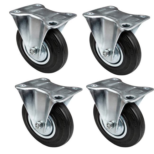 5 Inch Rigid Caster Wheels 4 Pack – Heavy Duty 5"x1" Fixed Plate Casters with Solid Rubber Wheel and Steel Bracket – Replacement Cart Wheels for Dollies, Workbenches & Platforms