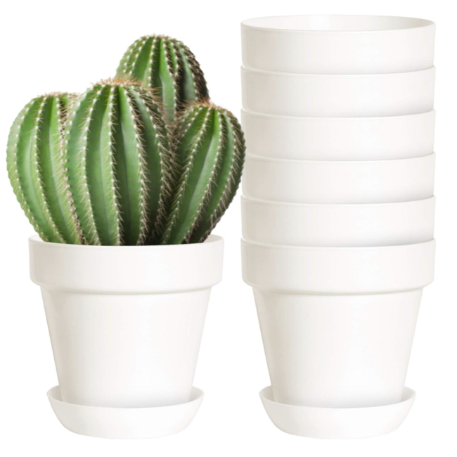 8 Pack 5.5 Inch Plastic Planters Indoor Flower Plant Pots, Classic Decorative Gardening Pot with Drainage Holes (White with Saucers)