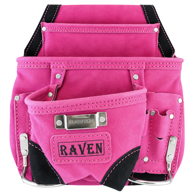 Pink Leather Tool Pouch with 9 Pockets & 2 Metal Hammer Holders, Heavy Duty Belt-Mounted Tool Bag for Construction, Roofing, Warehouse & Mechanic Use – AS1101A-PNK