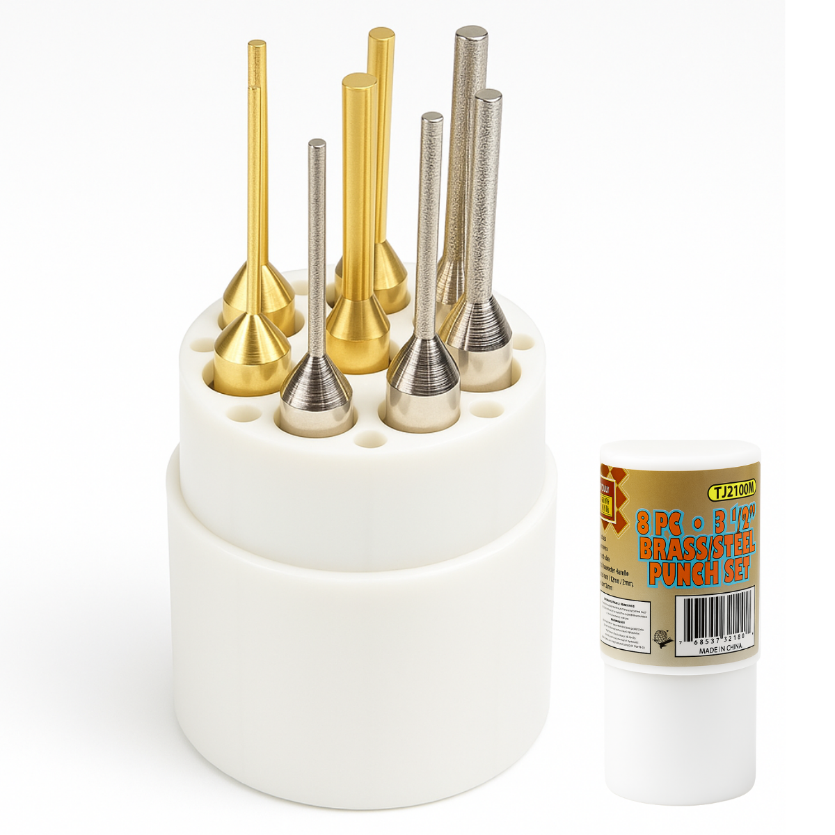 8 Piece Assorted Drive Pin Set | Brass & Steel | Stand with Lid Included
