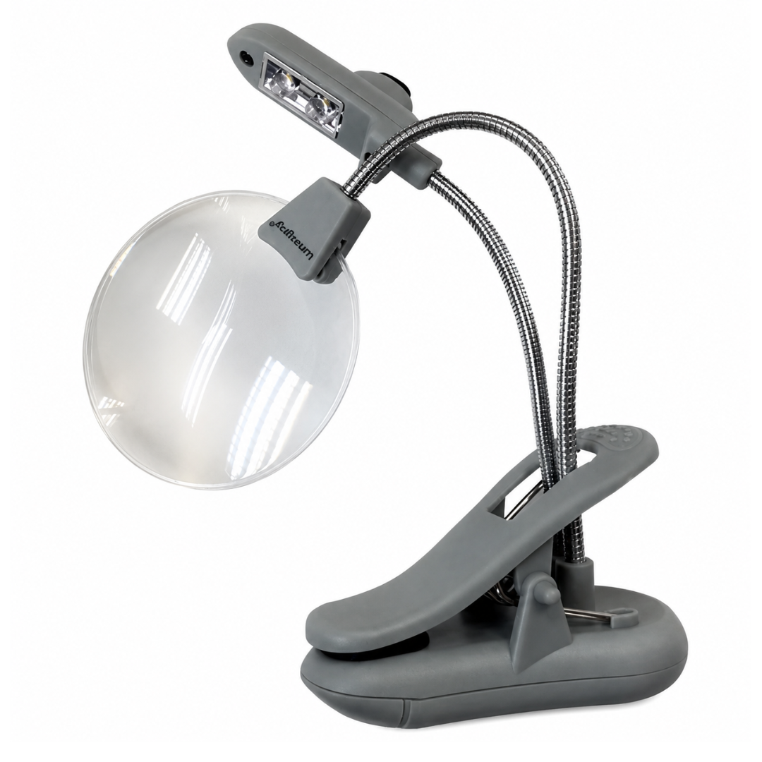 Compact 2.5-Inch Clip-On LED Magnifier Lamp, 2X Hands-Free Reading Magnifying Glass with Dual Gooseneck Lights, Book & Clipboard Clip Magnifier, Portable Travel Reading Light