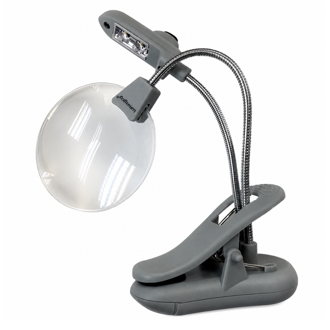 Compact 2.5-Inch Clip-On LED Magnifier Lamp, 2X Hands-Free Reading Magnifying Glass with Dual Gooseneck Lights, Book & Clipboard Clip Magnifier, Portable Travel Reading Light