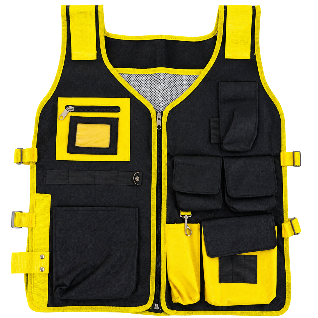 6 Pocket Tool Vest, Heavy Duty Nylon Work Vest with Adjustable Straps, Multi-Pocket Tool Organizer for Construction, DIY, Repair & Workshop Use, Black & Yellow