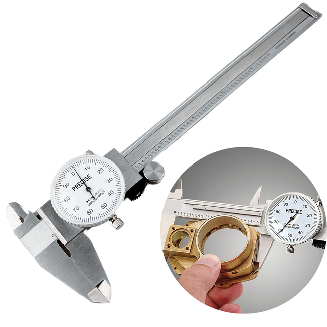 6" (15.24 cm) SAE Vernier Caliper | 0.001" Accuracy | Shockproof Dial | Stainless Steel | Satin Chrome Finish | 4-Way Measurement