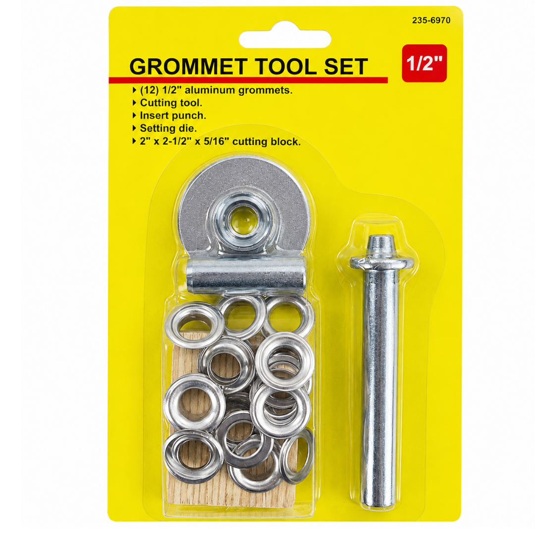 1/2 Inch Grommet Tool Kit with 12 Aluminum Grommets, Cutting Tool, Insert Punch, Setting Die & Cutting Block – Grommet Setter Kit for Canvas, Tarps, Fabric, Leather & DIY Repairs