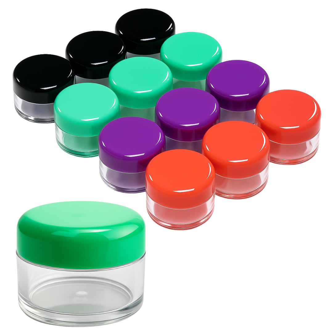 12 Clear Plastic Jars with Colored Lids - Size - 25 Mil  - TJ8625-COL