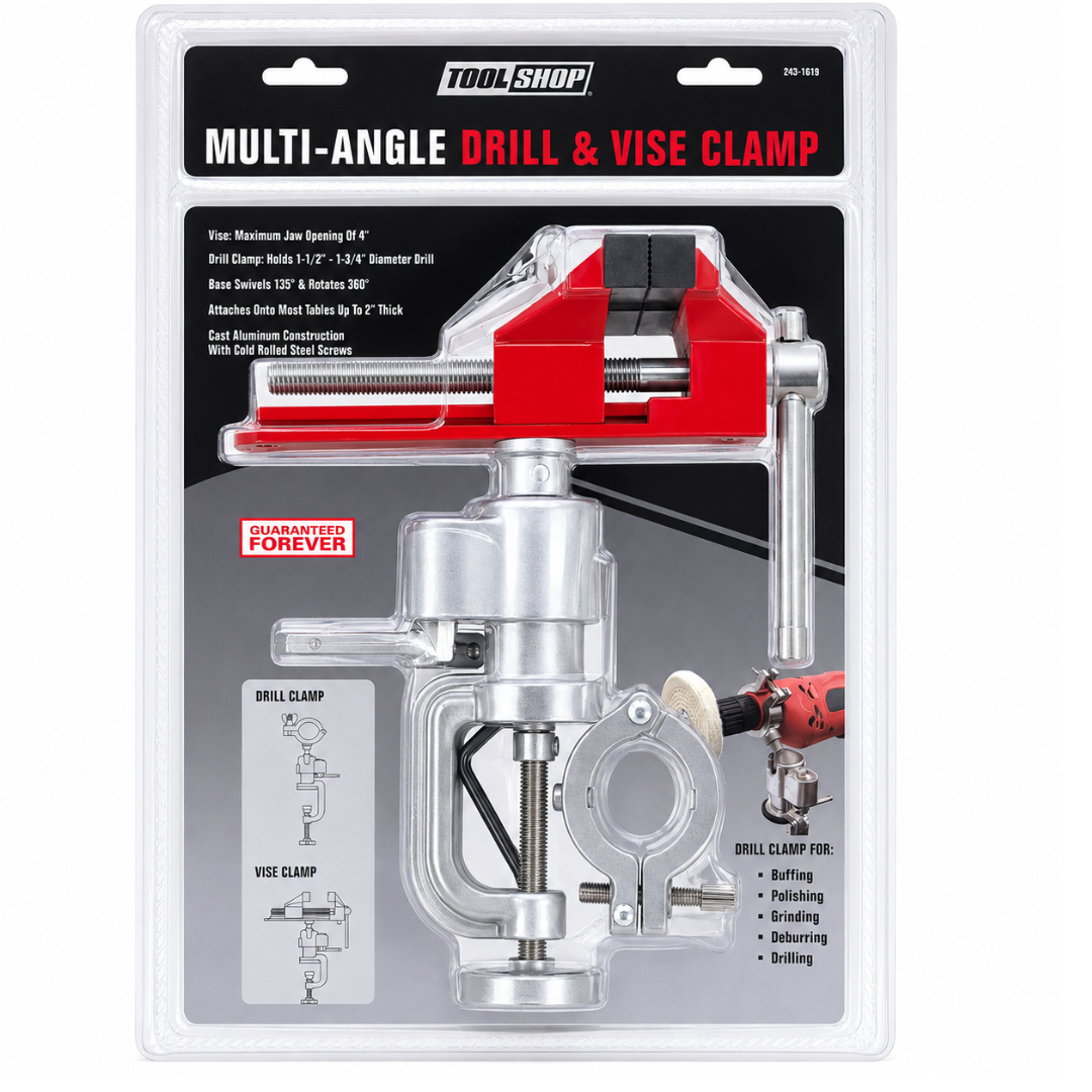 Multi-Angle Drill & Vise Clamp – 360° Rotating Swivel Bench Vise with Drill Holder, 4" Jaw Opening, Heavy-Duty Cast Aluminum Table Clamp for Drilling, Grinding, Polishing & Workshop Use