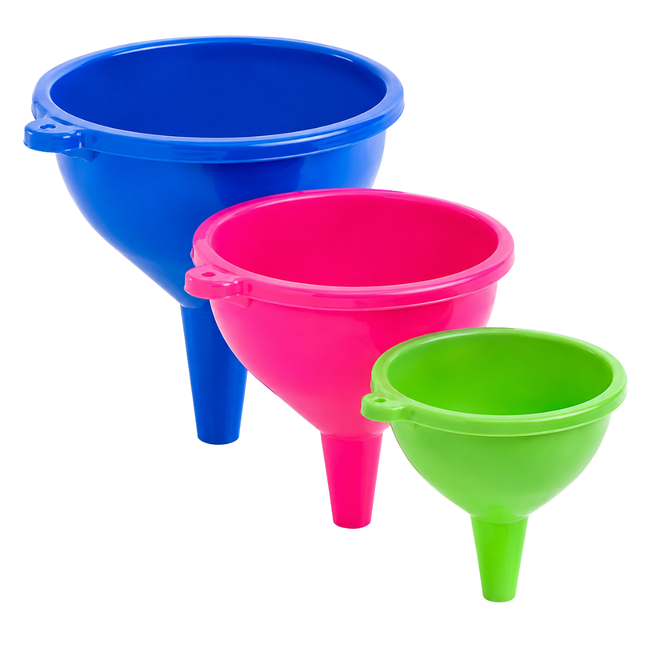3-Piece Plastic Funnel Set – 3.5", 4.25" & 5" Wide Mouth Funnels – Durable Multi-Size Funnels for Oil, Automotive Fluids, Garage, Workshop & Household Use