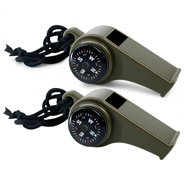 2-Pack Survival Whistle with Compass & Thermometer – Emergency Outdoor Whistle with Long Lanyard for Camping, Hiking, Scouts, and Safety – 3-in-1 Multi-Function Tool (Olive Green)