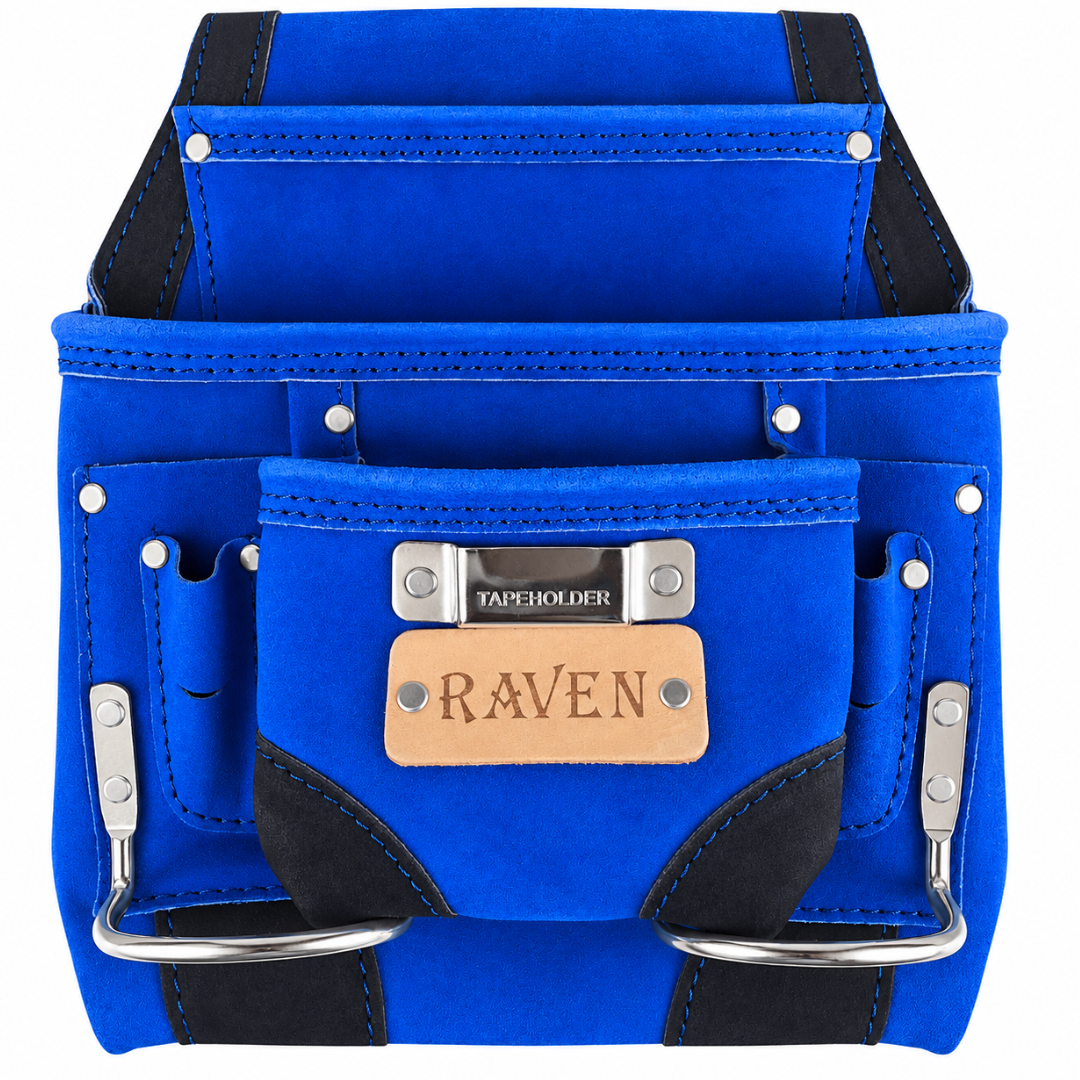 RAVEN Heavy Duty Suede Leather Tool Pouch, Multi-Pocket Carpenter Tool Holder with Dual Metal Hammer Loops, Tape Measure Holder, Reinforced Rivets & Belt Attachment, Blue