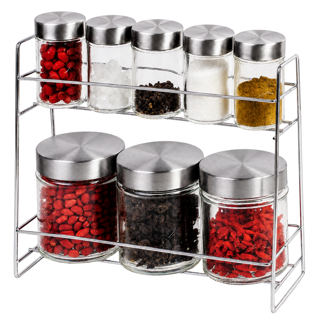 9-Piece Glass Canister Set with Stainless Steel Screw-On Lids & 2-Tier Display Rack – 8 Clear Food Storage Jars for Spices, Coffee, Sugar, Tea & Snacks – LKCO-69056