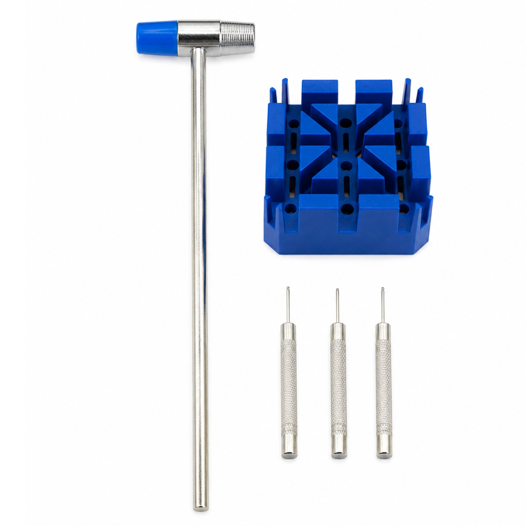 HTS Watch Band Repair Kit - 5 Piece Watch Link Removal Tool Set with Hammer, Pin Punches & Holder Block for Watch Band Adjustment and Bracelet Repair