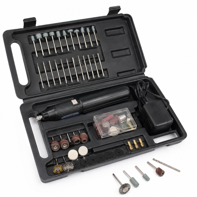 60-Piece Cordless Rechargeable Rotary Tool Kit, 10,000 RPM High-Speed Craft Tool with 4 Collets, Cutting, Polishing, Grinding and Engraving Accessories, AC Adapter and Carrying Case