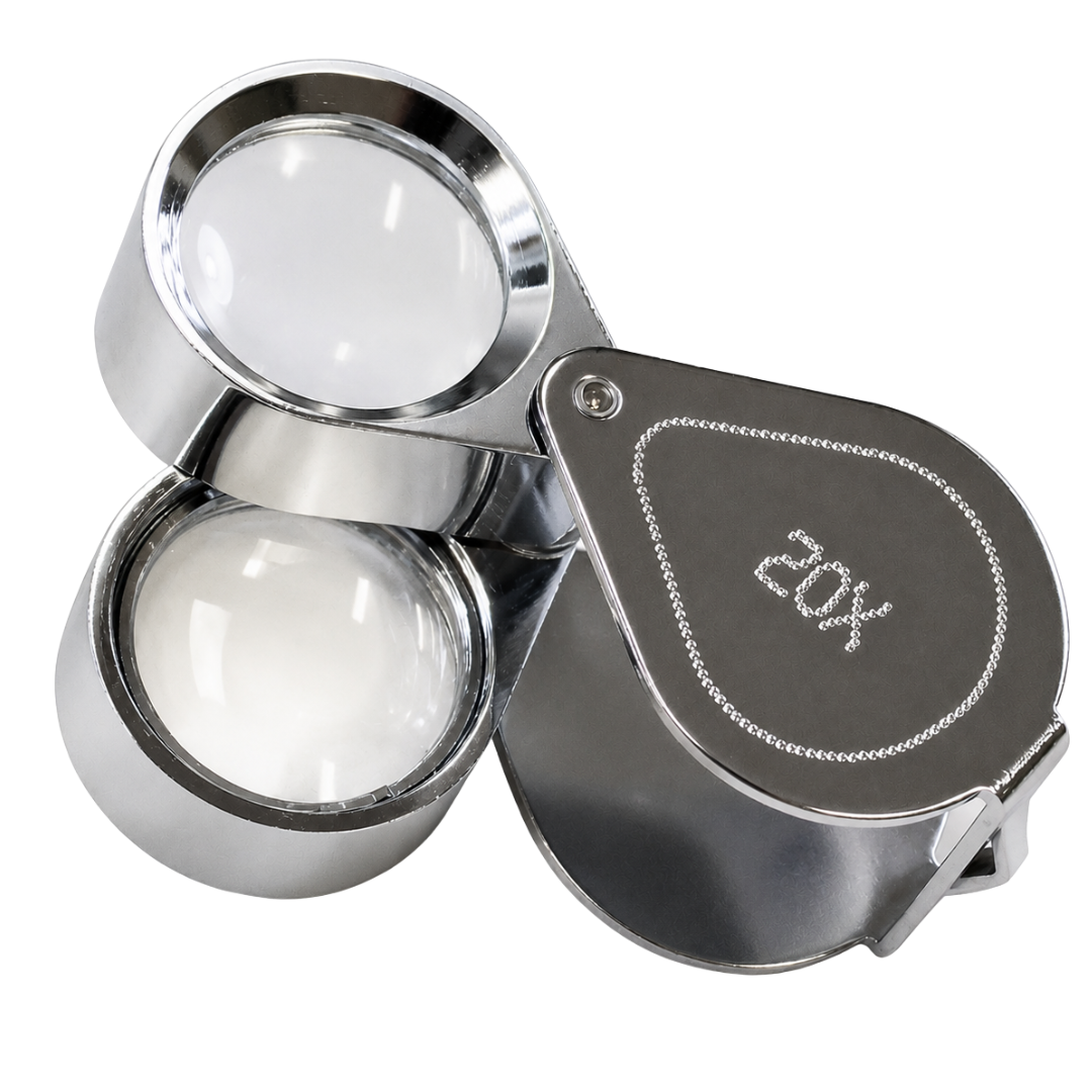 Double Lens Jeweler’s Loupe 15X & 20X Magnifier, Chrome Plated Folding Pocket Loupe with Dual Glass Lenses, Combined 35X Magnification, Leatherette Snap Pouch for Jewelry, Coins, Stamps, Watches – MG-45201