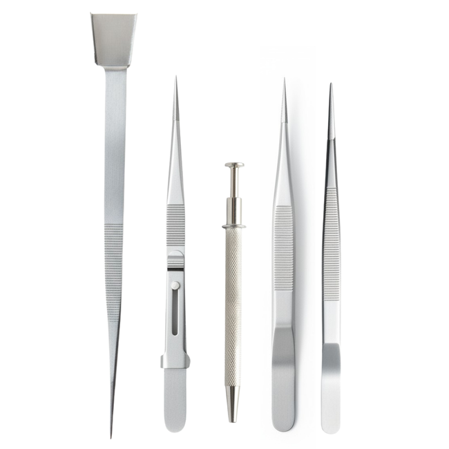 5 Piece Diamond Handling Tweezer Set with 4-Prong Pick Up Tool & Shovel - Stainless Steel - TJ-17336