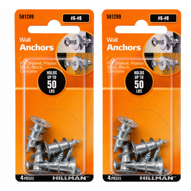 2 PACK #6-#8, 4 Piece Heavy Duty Metal Drywall Anchors, Holds Up to 50 lbs, Screw-In Anchors for Drywall, Plaster, Brick, Block & Concrete, Silver