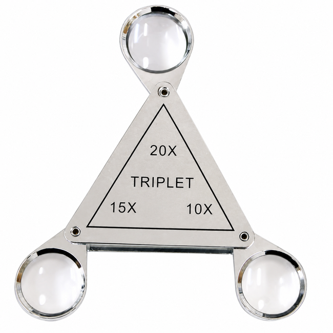 Triangular Frame Chrome Triplet Loupe Set, 10X 15X 20X Magnification, Steel Folding Jewelry Magnifier with Brown Leather Case, 18mm Glass Lenses