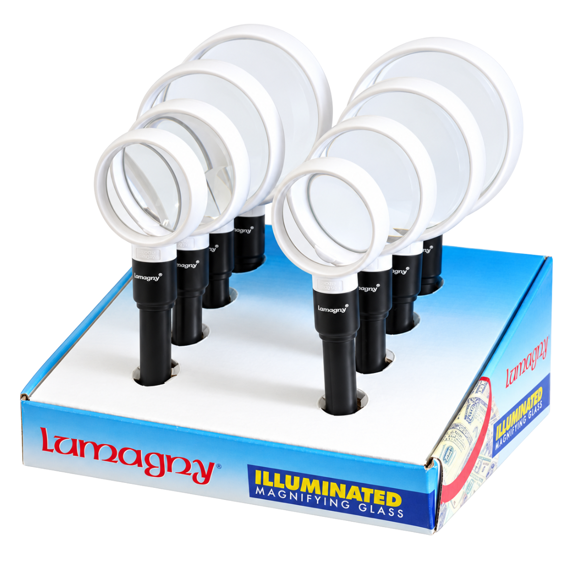 8-Piece Handheld Magnifier Display Set – 4 Lens Sizes: 2", 2.5", 3" & 3.5" – Glass Lenses with 2X/4X and 2.5X/5X Magnification – Countertop Retail Display – MP-28275