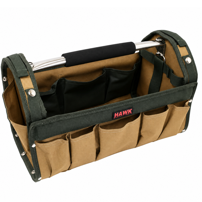 16-Inch Rigid-Side Nylon Tool Bag with Metal Handle, 14 Pockets, 13 Tool Straps, Tape Measure Holder and Shoulder Strap, Tan/Green
