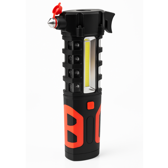 Auto Emergency Work Light with Magnetic Base, Hammer & Seat Belt Cutter – 1W Torch, 3W COB Spotlight & Flashing Red Warning Light – PH580-FL
