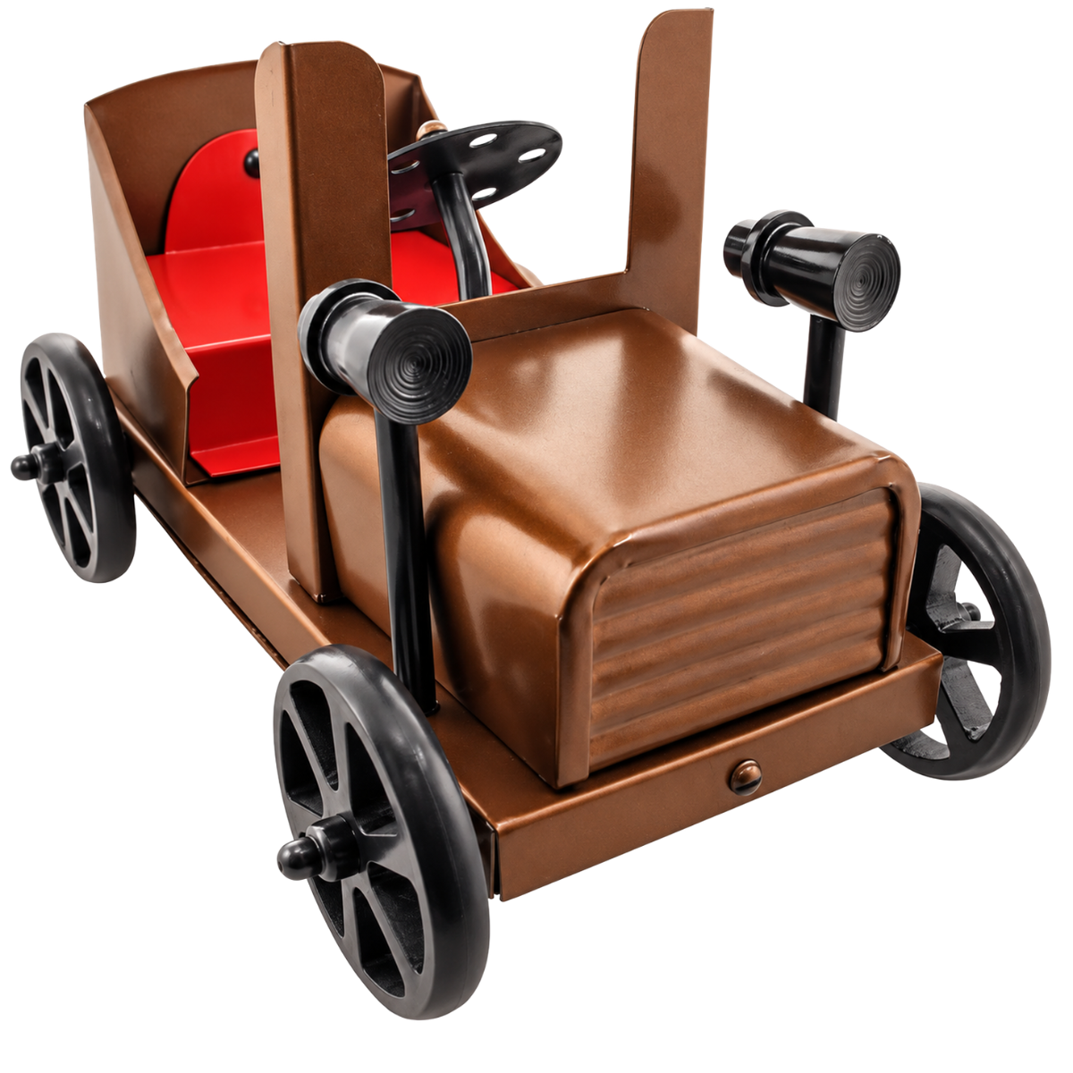 Antique Style Horseless Carriage Metal Model Car, 7.5 Inch Vintage Brown Decorative Vehicle with Red Seat, Black Headlights, Spoke Wheels & Moving Steering Wheel – Collectible Display Decor