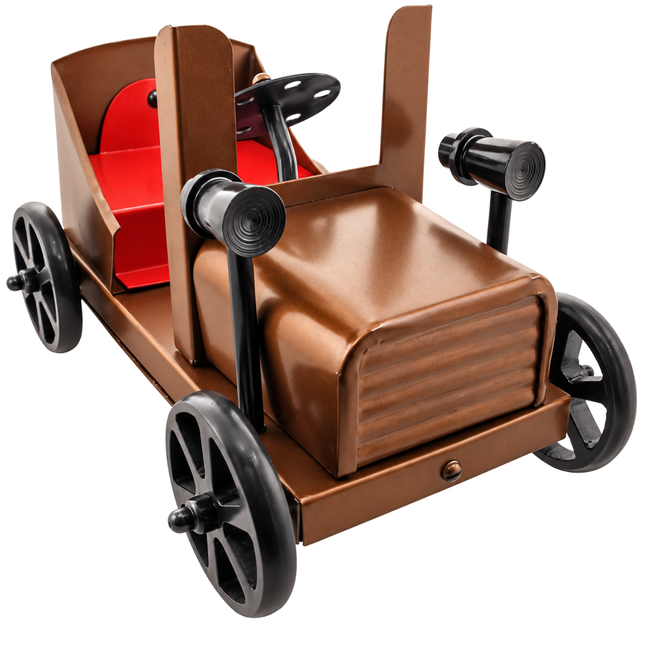 Antique Style Horseless Carriage Metal Model Car, 7.5 Inch Vintage Brown Decorative Vehicle with Red Seat, Black Headlights, Spoke Wheels & Moving Steering Wheel – Collectible Display Decor