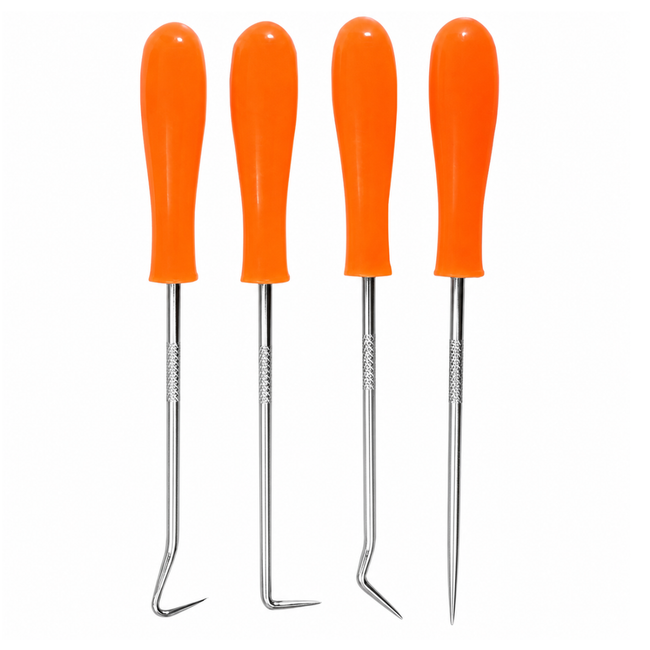 4-Piece 5-Inch Precision Pick and Hook Set, Chrome-Plated Steel Tools with Orange ABS Handles for Sculpting, Clay, Wax, Leather and Woodworking