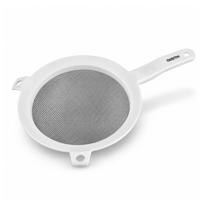 Heavy Duty Kitchen Strainer, Fine Stainless Steel Mesh Sieve with Comfort-Grip Handle and Pot Rest Tabs, Fits 6–8 Inch Pots, for Pasta, Fruits and Vegetables, White, 1 Pack