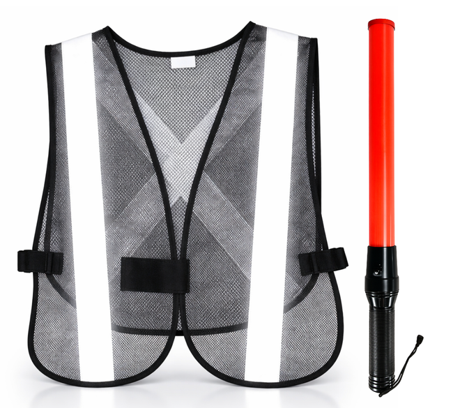 Safety Vest + LED Traffic Control Baton Bundle – Mesh Reflective Vest & 21″ LED Safety Wand