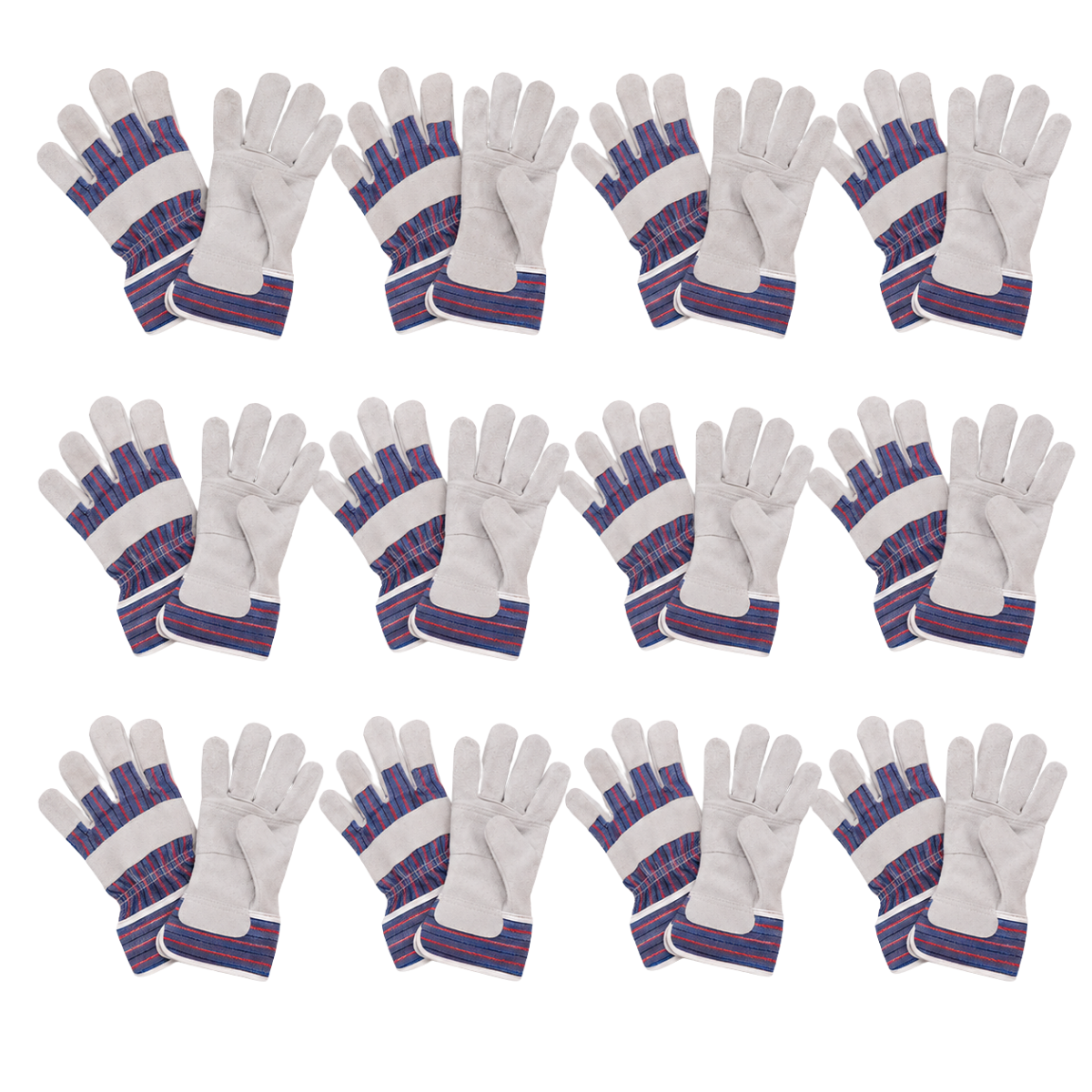Men's Suede Leather Work Gloves, 10 Inch Gauntlet Cuff, Reinforced Palm & Fingertips, Extra Large, Gray/Blue/Red - 12 Pairs - GL-45021-Z12