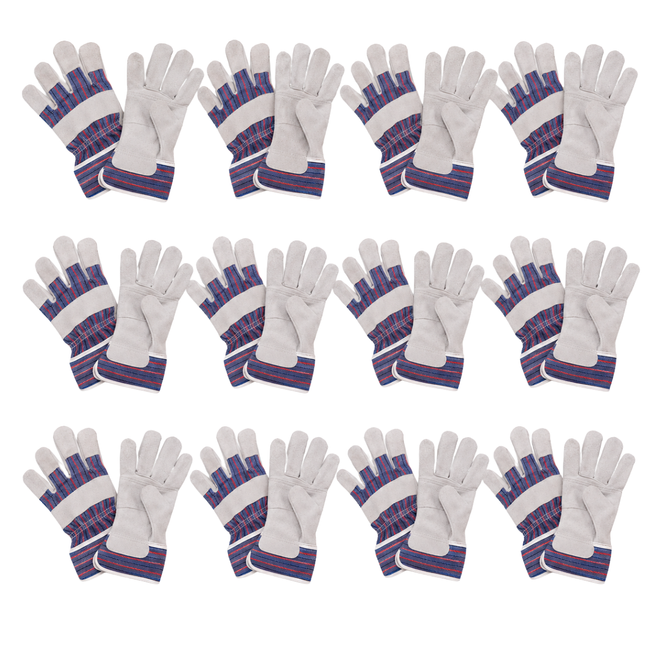 Men's Suede Leather Work Gloves, 10 Inch Gauntlet Cuff, Reinforced Palm & Fingertips, Extra Large, Gray/Blue/Red - 12 Pairs - GL-45021-Z12
