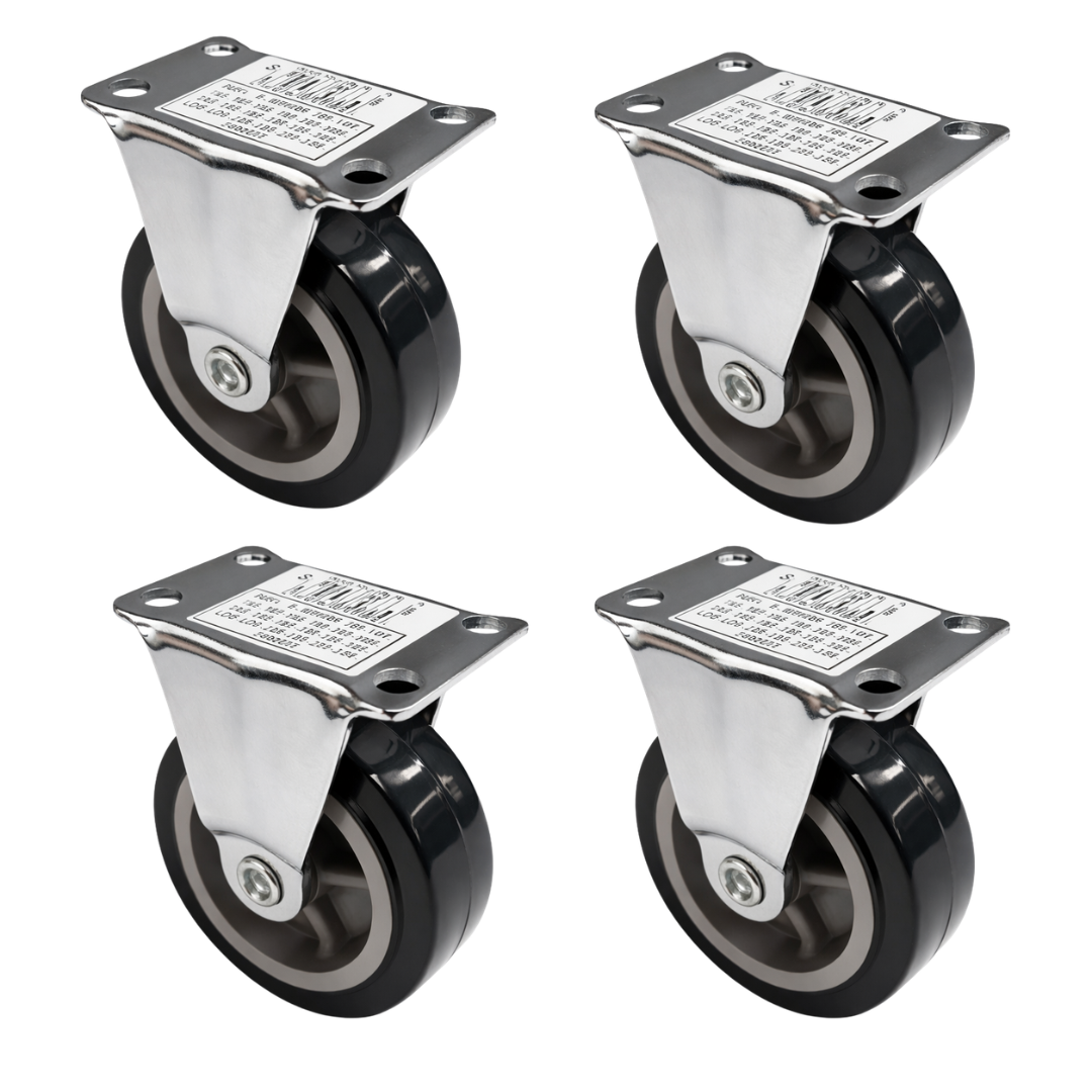 3" Rigid Caster Wheels – 4 Pack – Plate Mount – Light Duty – Polyurethane Wheel – Fixed Direction – Furniture Cart Casters
