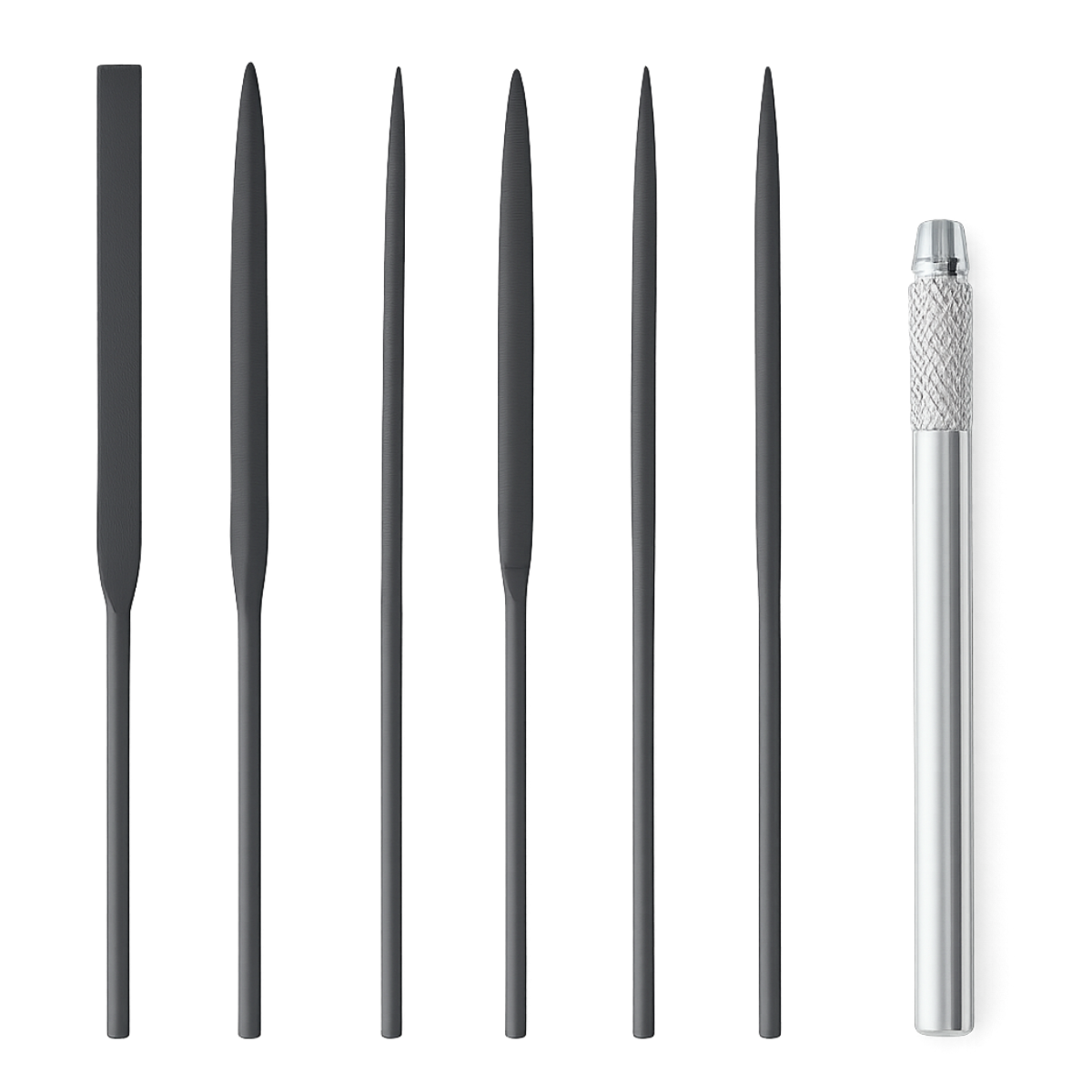 6 Piece Mini Needle File Set with Aluminum Handle – Interchangeable Precision Files for Metal, Jewelry, Wood & Pottery – Flat, Round, Triangle & More