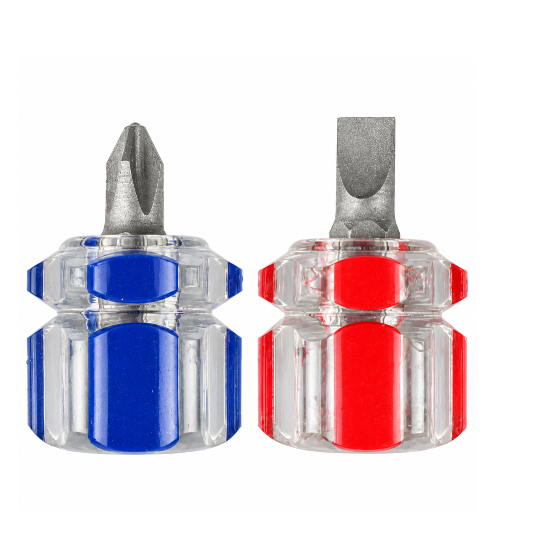 2 Piece Mini Stubby Screwdriver Set, 1.5 Inch Short Screwdrivers with Phillips #2 and 6mm Flathead Slotted Tips, Compact Color-Coded Hand Tools for Tight Spaces, Household Repairs & DIY