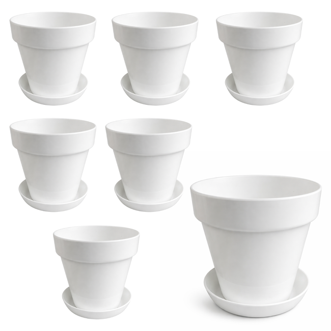 4.5 Inch Plastic Plant Pots with Drainage Holes & Saucers – White Flower Pots for Indoor Plants, Succulent & Herb Planters, Lightweight Modern Design – 7 Pack