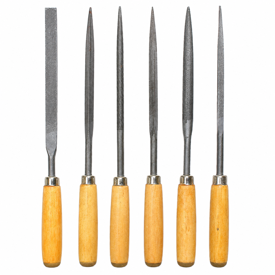 6 Piece Needle File Set, 160mm x 5mm High Carbon Steel Mini Files with Smooth Wooden Handles, Assorted Shapes for Woodworking, Jewelry, Crafts, Hobby, Deburring and Detail Filing