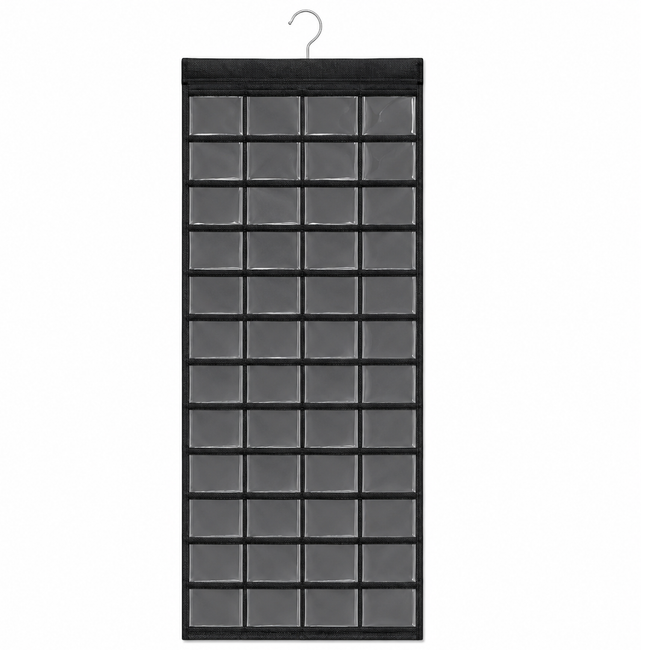 80-Pocket Double-Sided Hanging Jewelry Organizer with Clear Vinyl Pockets, Black Closet Storage for Earrings, Rings, Necklaces and Accessories, 37 x 17.5 Inches
