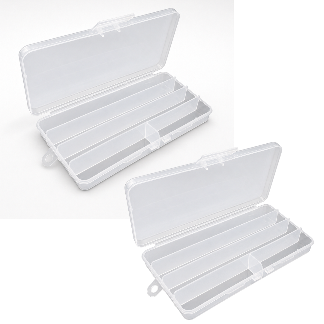 5-Compartment Plastic Organizer Box, Pack of 2, 6.75 x 3.5 Inch Frosted Clear Small Parts Case with Hinged Lid and Hanging Hook for Beads, Crafts, Sewing and Hardware