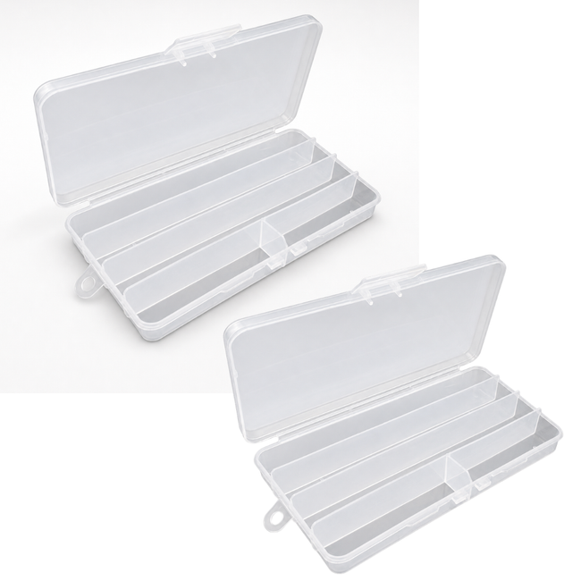 5-Compartment Plastic Organizer Box, Pack of 2, 6.75 x 3.5 Inch Frosted Clear Small Parts Case with Hinged Lid and Hanging Hook for Beads, Crafts, Sewing and Hardware