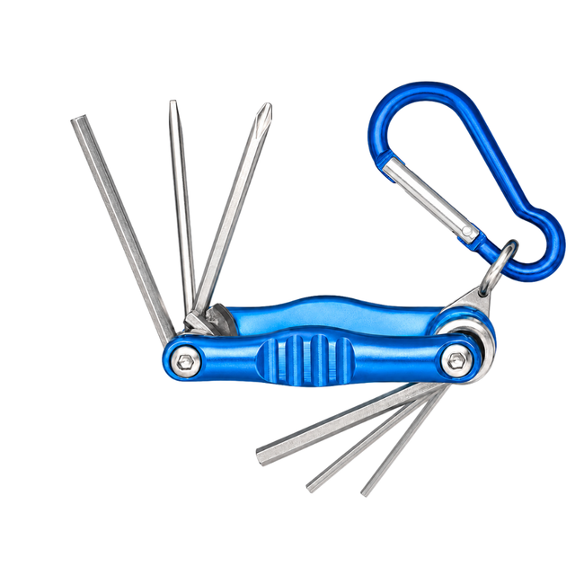 6-in-1 Folding Multi-Tool for Bicycles and Motorcycles – Phillips and Slotted Screwdrivers, 3, 4, 5 and 6 mm Hex Keys with Snap-Hook Key Ring – PS2012-TAI