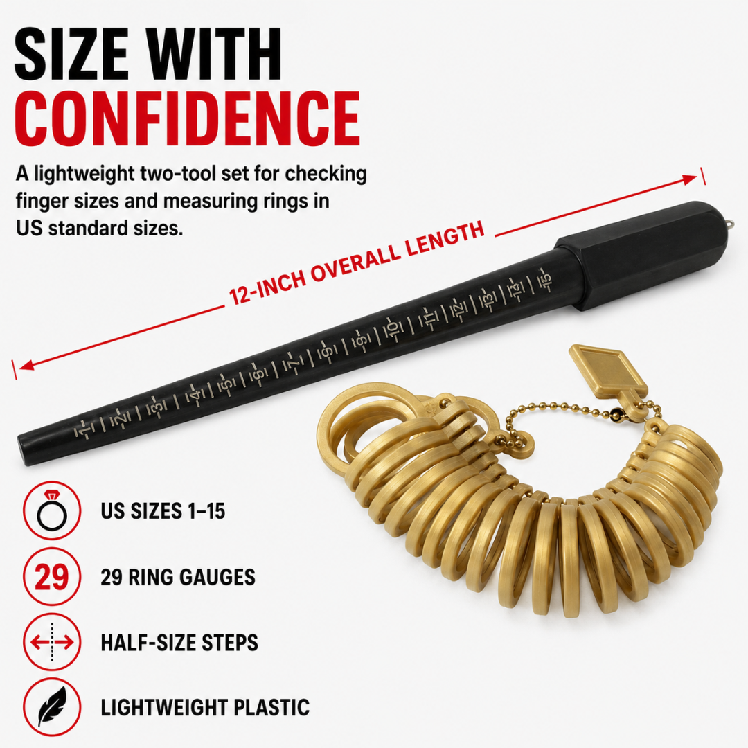 2-Piece Plastic Ring Sizer & Ring Mandrel Set, US Sizes 1–15 with 29 Finger Gauges, 12-Inch Measuring Stick - TJ-29312