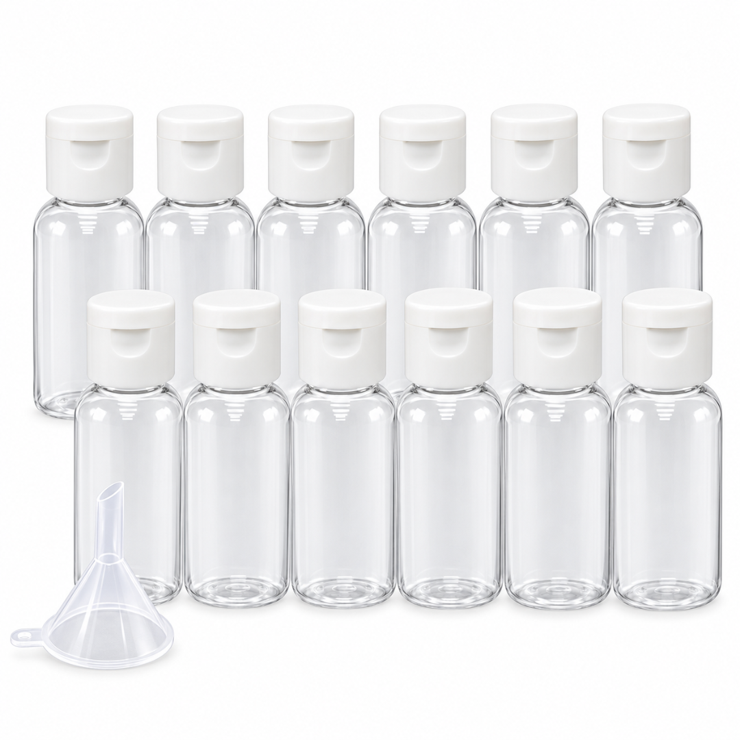 12-Pack 30ml Clear Plastic Travel Bottles with Flip-Top Caps & Filling Funnel – Refillable PET Containers for Shampoo, Lotion, Toiletries & Liquid Essentials