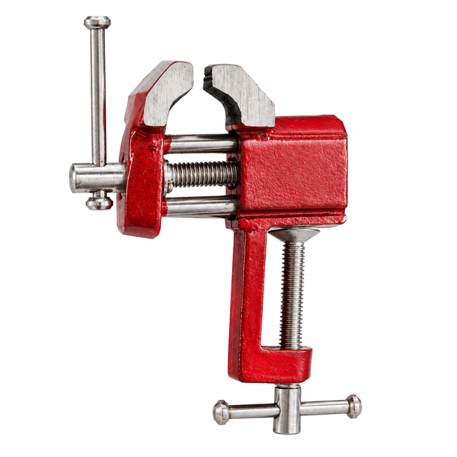 5-Inch Baby Bench Vise with Table Clamp, 1-1/2-Inch Jaw Opening & Clamp Capacity, V-Grooved Steel Jaws, Red – VISE-13035