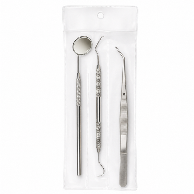 3-Piece Precision Stainless Steel Tool Set with Inspection Mirror, Double-Ended Pick and Curved Tweezers, Textured Handles and Vinyl Case, 6-1/2 Inch